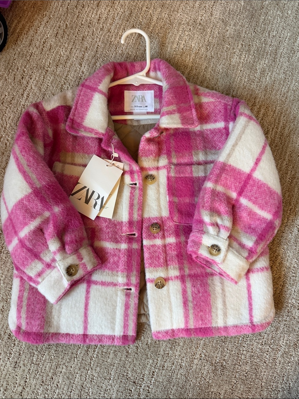 Zara Pink & White Plaid Button-Up Coat